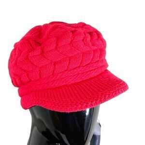 Womens Ribbed Knitted Red Rimmed Slouchy Beanie Hat Cap -E